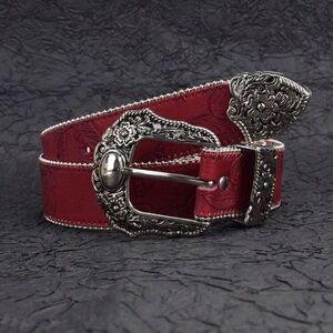 Boho carved buckle Red Leather Belt vintage-Ornate Silver Buckle